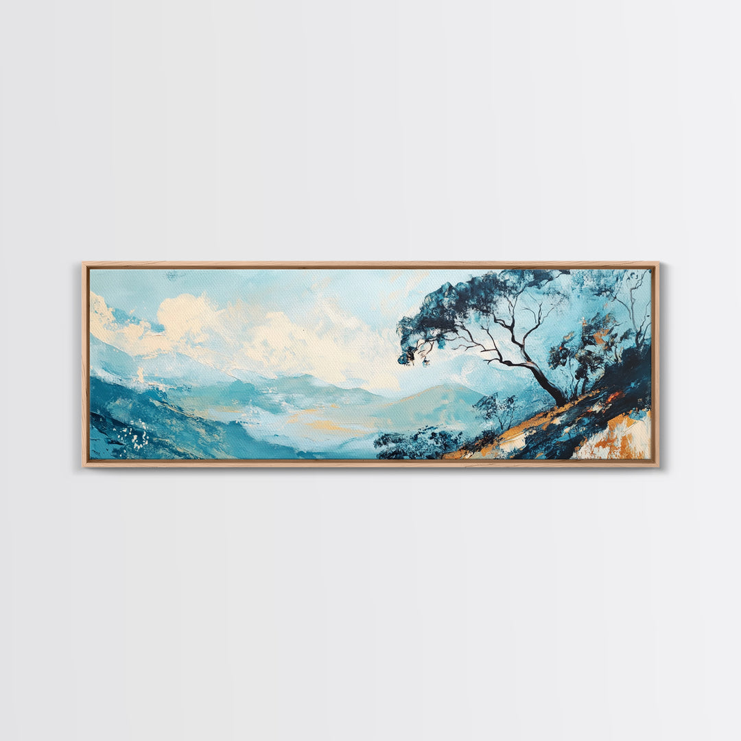 Blue Mountains, Windswept Tree, Minimalist Wall Art, Canvas Print, Modern Landscape, Bedroom Decor, Serene Nature Painting, Abstract Art