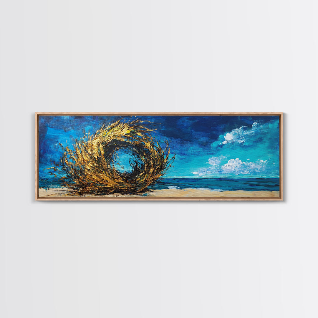 Ocean Swirl, Golden Waves, Abstract Beach Art, Framed Canvas Print, Modern Coastal Decor, Statement Wall Art, Ocean Vortex, Vibrant Blue