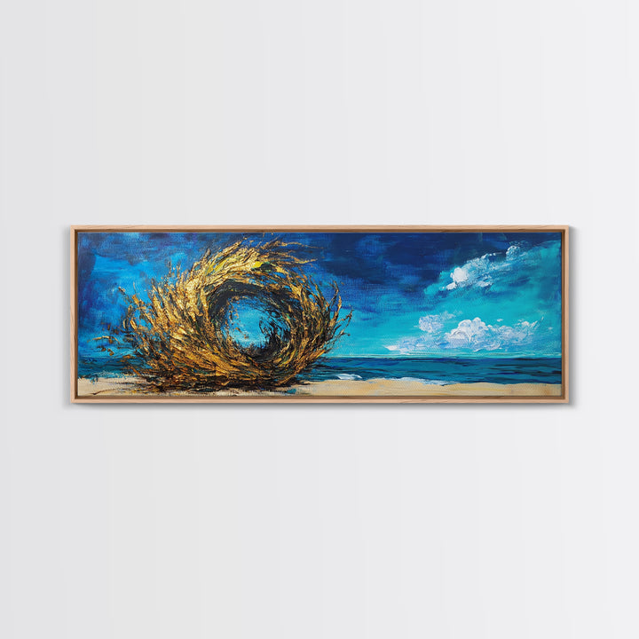 Ocean Swirl, Golden Waves, Abstract Beach Art, Framed Canvas Print, Modern Coastal Decor, Statement Wall Art, Ocean Vortex, Vibrant Blue