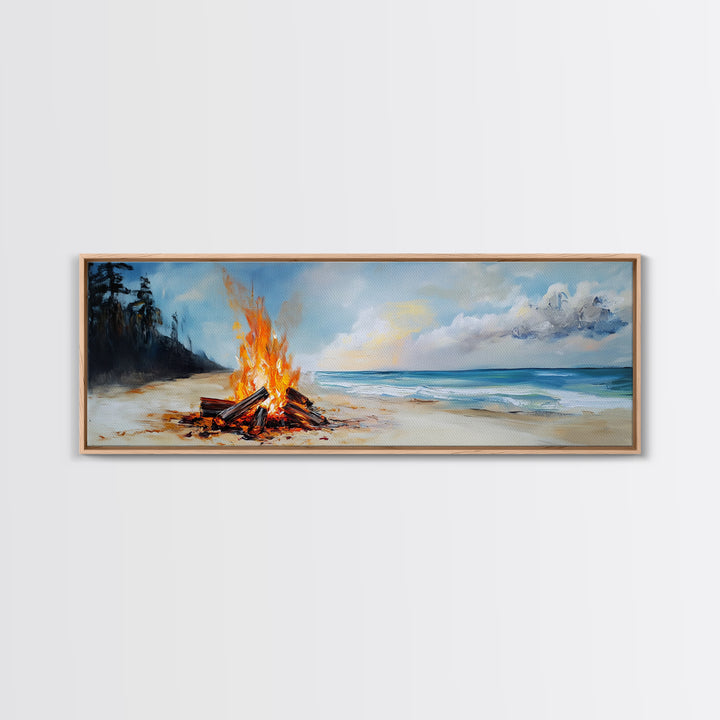 Beach Bonfire Glow Framed Canvas Print Coastal Sunset Wall Art Ocean Retreat Decor Vibrant Campfire Painting Summer Gift