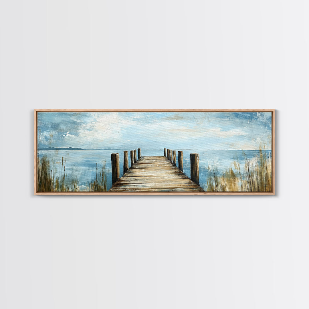 Lake Dock, Peaceful Water Scene, Serene Landscape, Rustic Nature Painting, Minimalist Home Decor, Canvas Print, Framed Canvas Print