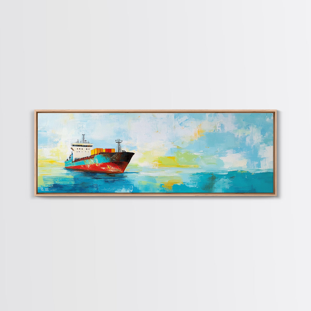 Cargo Ship Ocean Framed Canvas Print Nautical Wall Art, Maritime Decor, Industrial Seascape Painting, Coastal Living Room Artwork