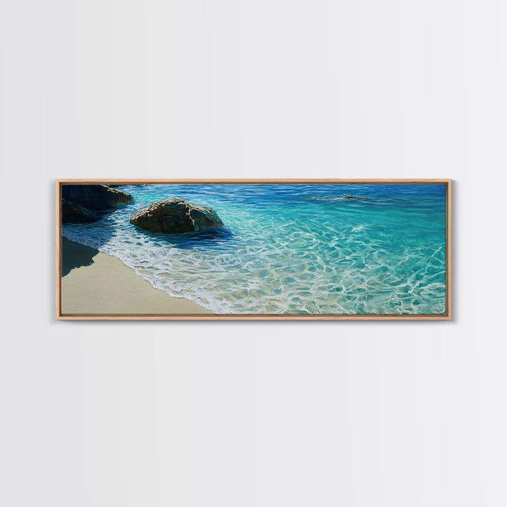 Ocean Shoreline Framed Canvas Print Coastal Beach Wall Art, Large Seascape Painting, Blue Sea Waves, Nautical Art, Bedroom Decor