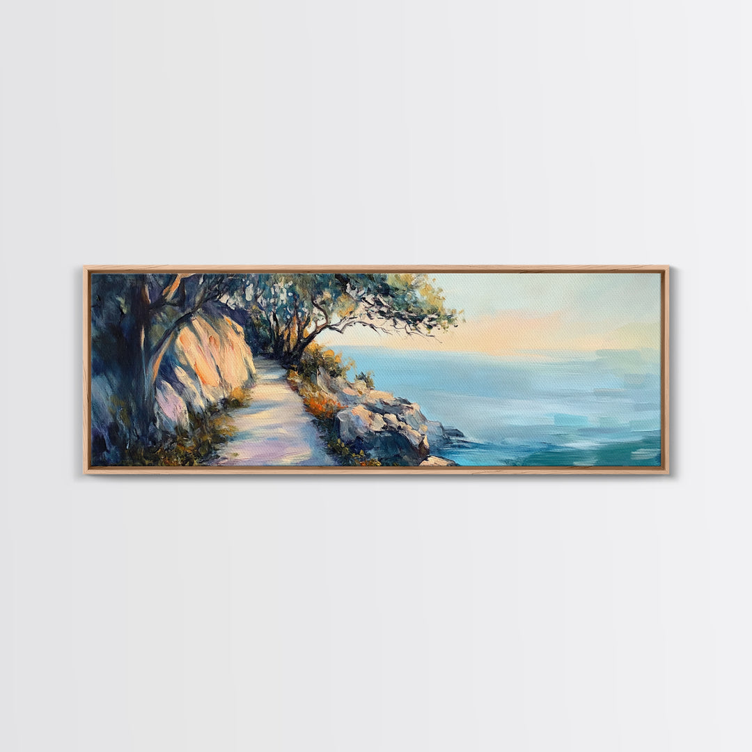 Coastal Cliff Walk Framed Canvas Print Serene Beach Pathway Painting, Sunset Seaside Art, Nature Landscape, Relaxing Home Wall Decor