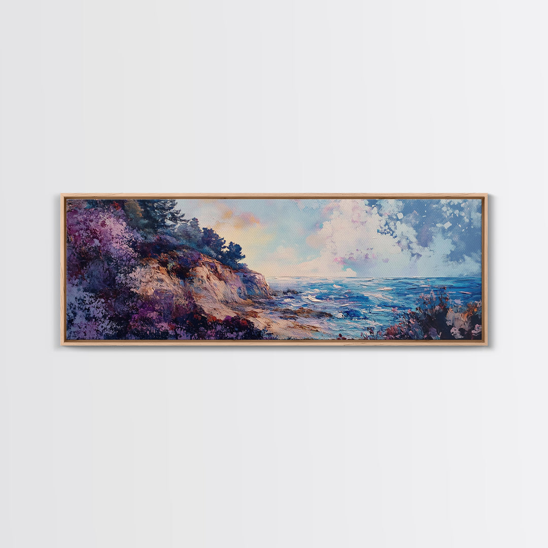 Rocky Shoreline Framed Canvas Print Vibrant Coastal Wall Art, Textured Ocean Scene, Sunset Beach Painting, Modern Boho Decor