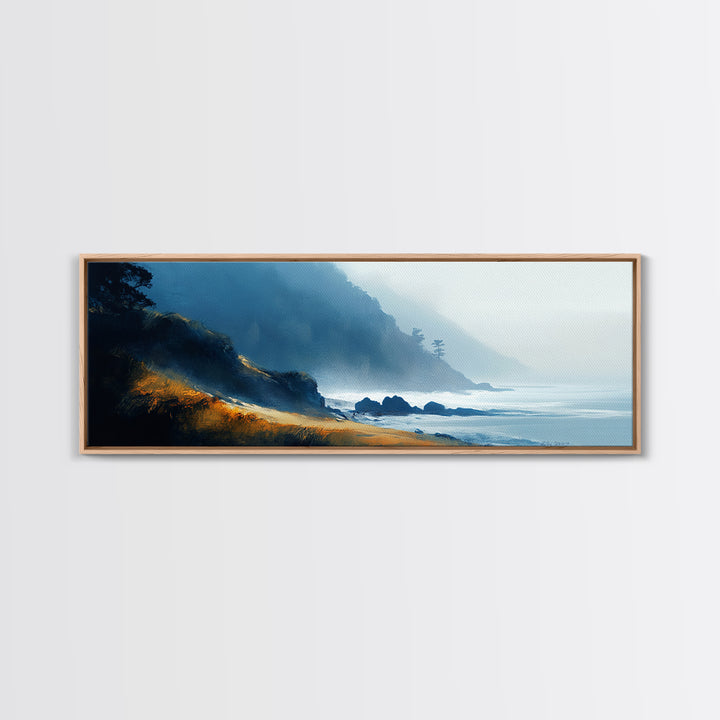Dramatic Coastline Canvas Print Moody Seaside Painting, Stormy Ocean Landscape, Dark Blue Beach Wall Art, Living Room Decor
