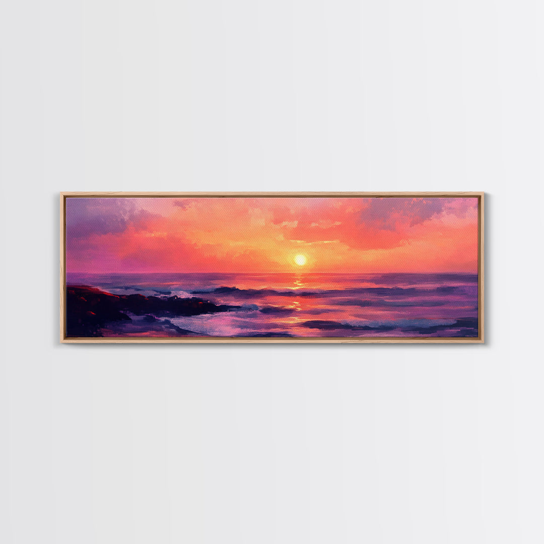 Ocean Sunset Framed Canvas Print, Pink Sky Seascape, Coastal Landscape Wall Art, Beach House Decor, Relaxing Home Aesthetic
