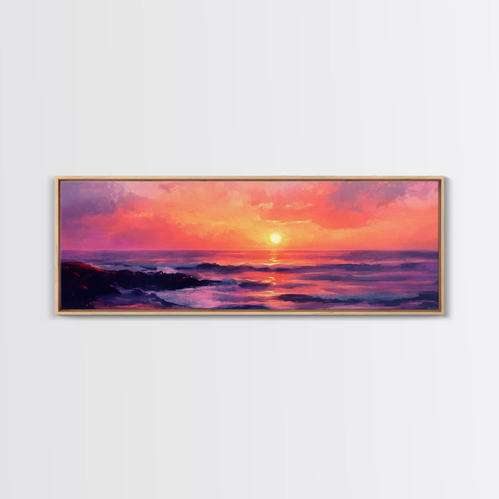 Ocean Sunset Framed Canvas Print, Pink Sky Seascape, Coastal Landscape Wall Art, Beach House Decor, Relaxing Home Aesthetic
