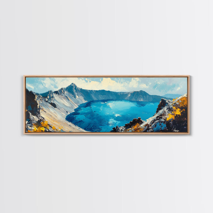 Crater Lake Landscape Framed Canvas Print Majestic Mountain Wall Art, Textured Impasto Painting, Nature Inspired Living Room Decor