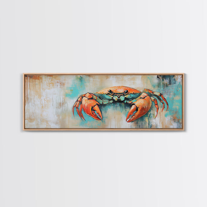 Rustic Crab Art Framed Canvas Print Coastal Nautical Wall Decor, Beach House Kitchen Art, Textured Ocean Painting, Living Room Accent