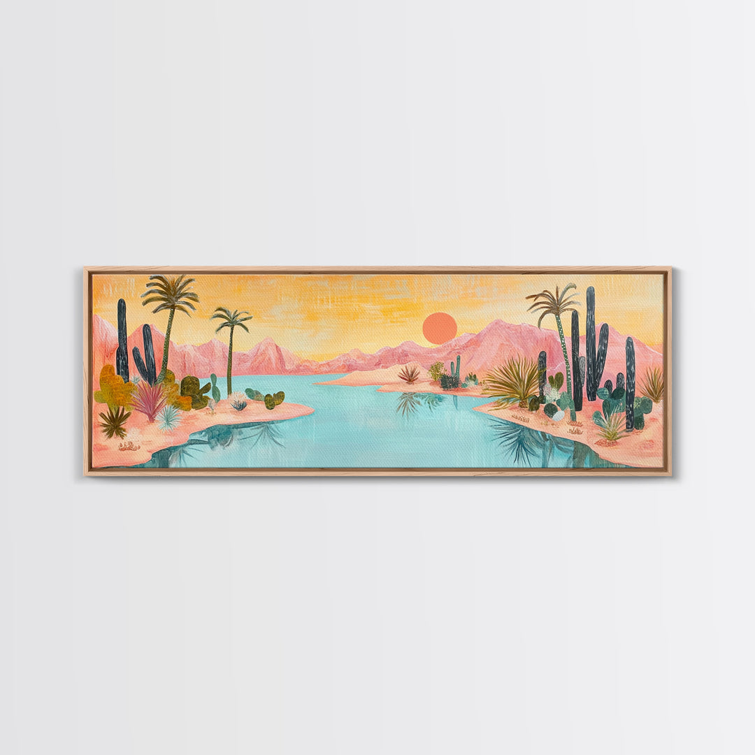 Desert Oasis Landscape Wall Art, Cactus and Palm Trees Painting, Boho Sunset Artwork, Southwest Home Decor, Warm Pink Art