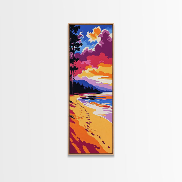 Ocean Shore, Sunset Beach, Serene Coastal Art, Footprints in Sand, Vibrant Seaside Print, Modern Beach House Decor, Framed Canvas Print
