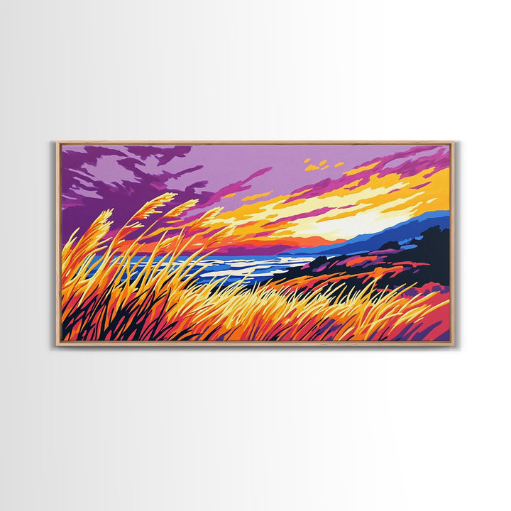 Ocean Sunset Grass, Framed Canvas Print, Coastal Wall Art, Vibrant Nature Painting, Boho Landscape, Beach House Decor, Living Room Art