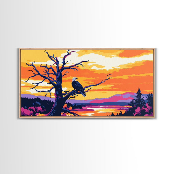 Bald Eagle Sunset, Canvas Print, Wildlife Wall Art, Vibrant Nature Painting, Rustic Decor, Patriotic Home Art, Office Wall Decor