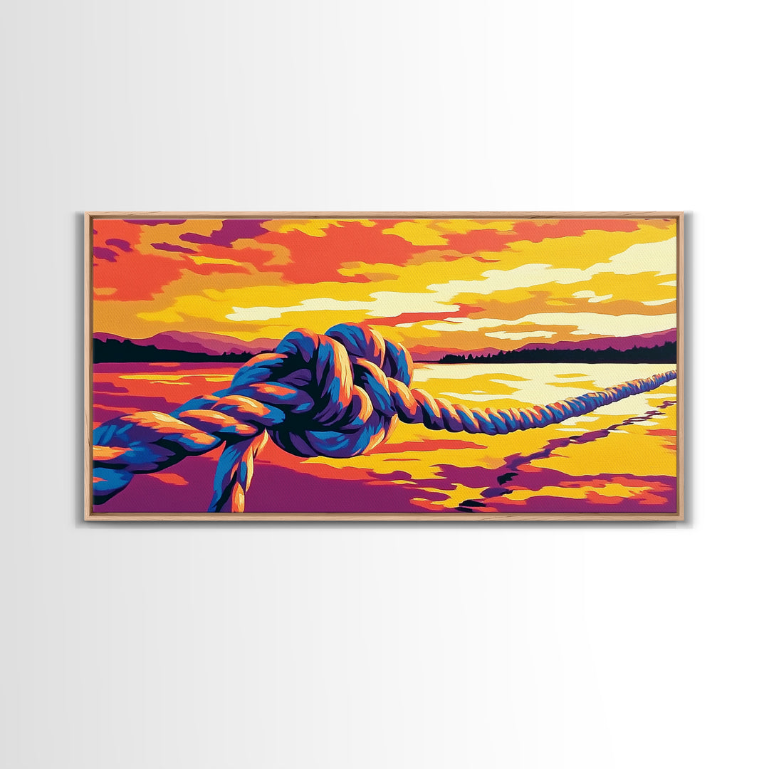 Nautical Rope, Sunset Over Water, Canvas Print, Coastal Wall Art, Beach House Decor, Ocean View, Vibrant Summer Scene, Boho Style