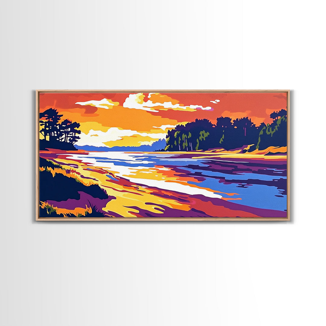 Ocean Shore, Sunset Glow, Coastal Serenity, Framed Canvas Print, Beach House Wall Art, Nautical Decor, Vibrant Seascape Painting