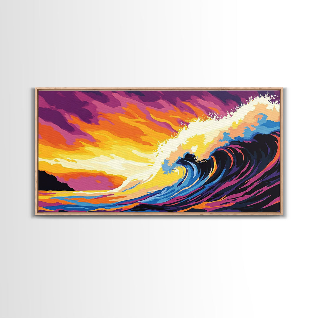 Ocean Wave, Sunset Horizon, Coastal Painting, Seascape Art, Framed Canvas Print, Beach House Wall Decor, Surfer Aesthetic Home Art