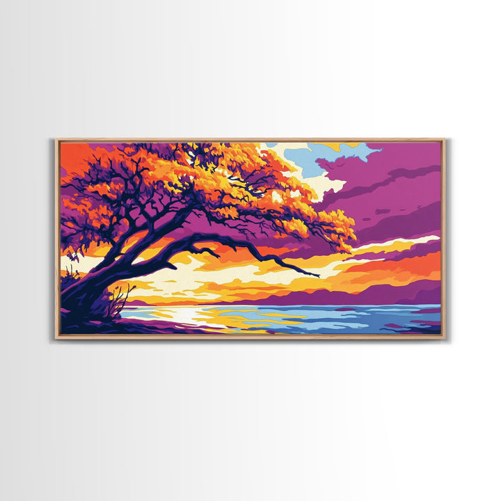 Majestic Tree, Lakeside Sunset, Vibrant Nature Art, Canvas Print, Modern Boho Decor, Living Room Wall Art, Autumn Landscape Painting