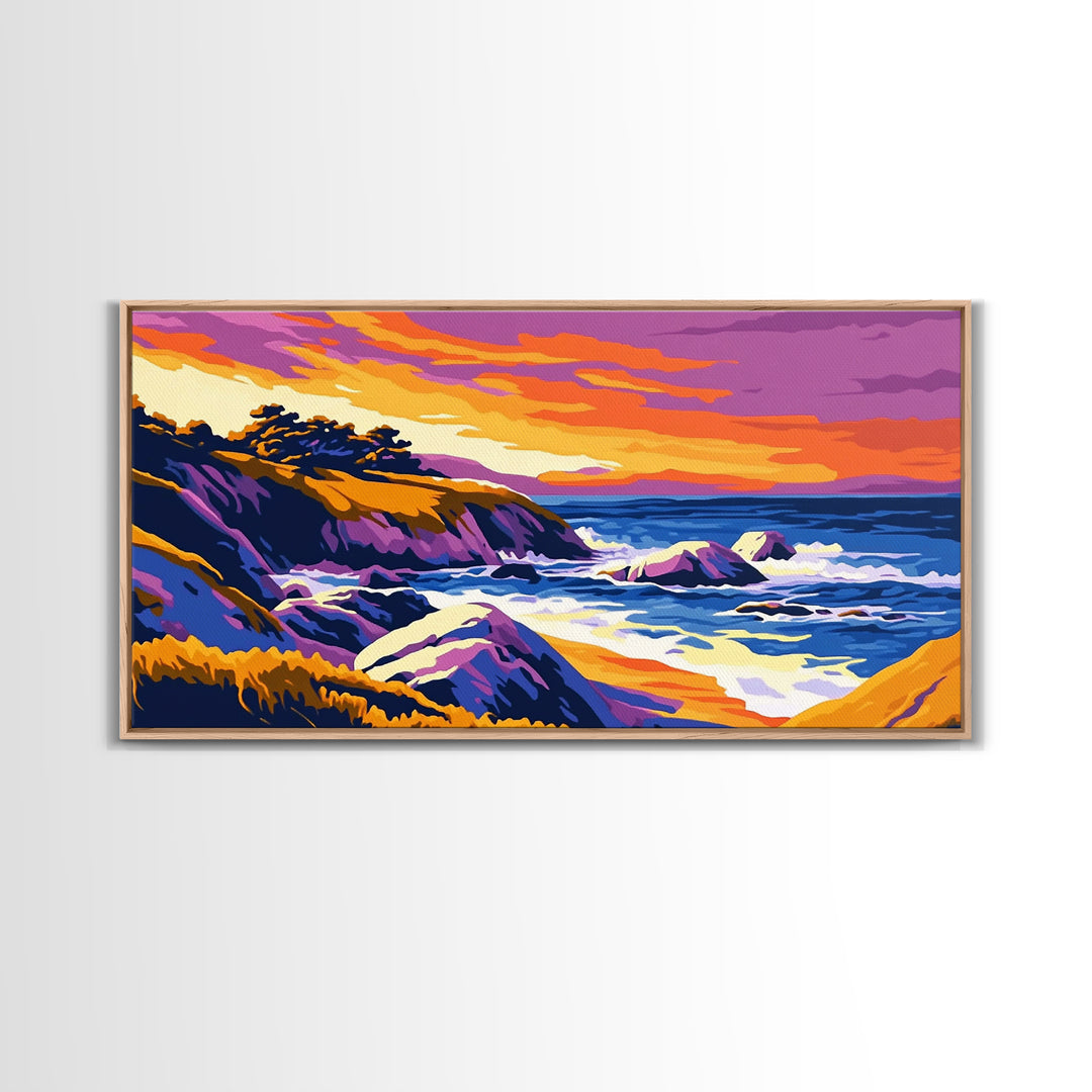 Ocean Sunset, Rolling Waves, Coastal Painting, Colorful Seascape, Nautical Wall Art, Beach House, Bedroom, Framed Canvas Print