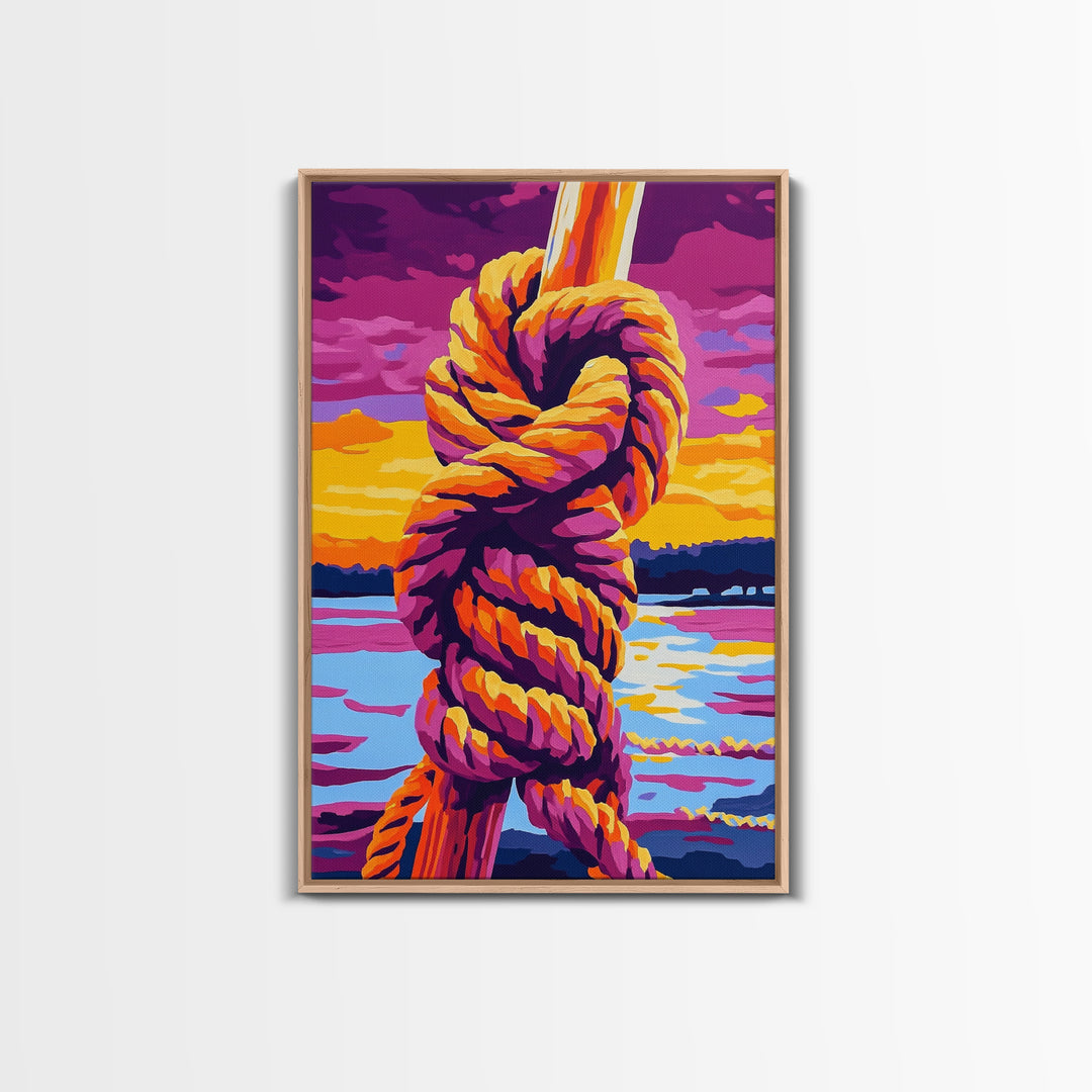Nautical Knot, Coastal Wall Art, Sunset Over Water, Rustic Rope Art, Framed Canvas Print, Lake House Decor, Nautical Home Accent