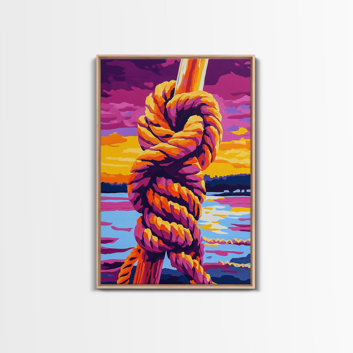 Nautical Knot, Coastal Wall Art, Sunset Over Water, Rustic Rope Art, Framed Canvas Print, Lake House Decor, Nautical Home Accent