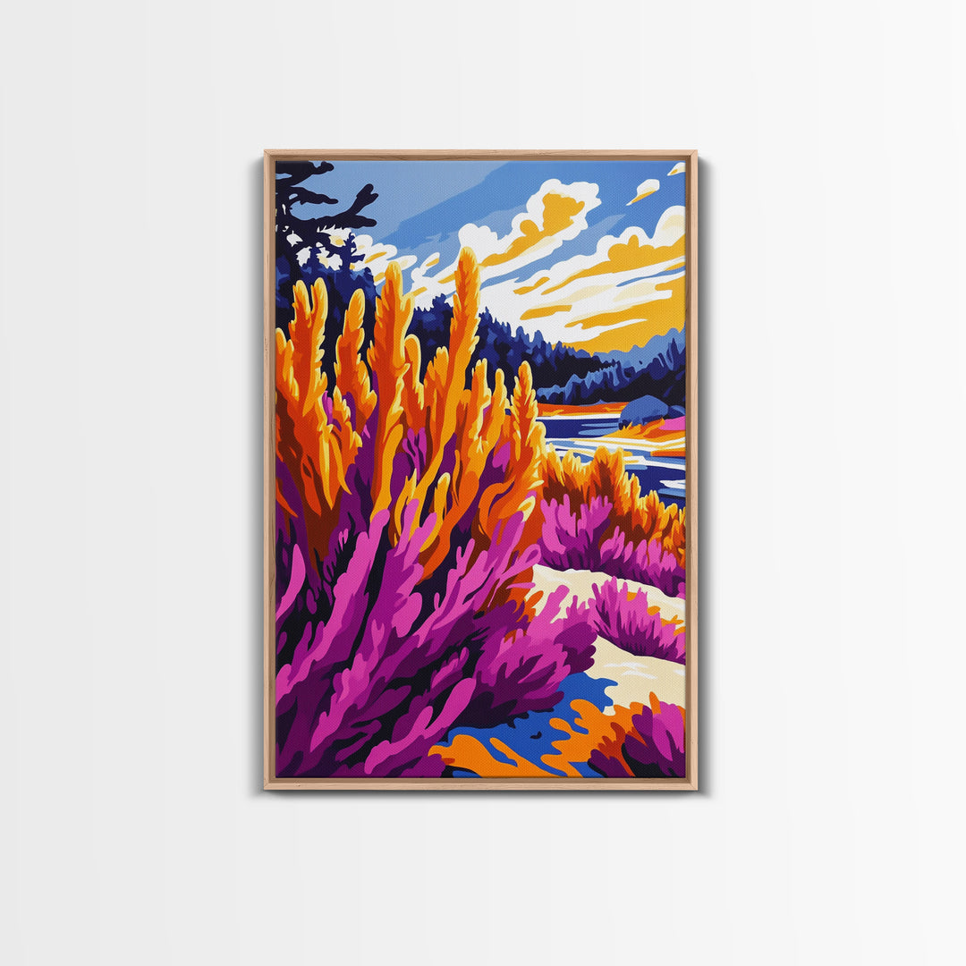 Mountain Wildflower Art, Scenic Landscape Print, Vibrant Nature Painting, Rustic Outdoor Decor, Framed Canvas Print, Boho Cabin Wall Art