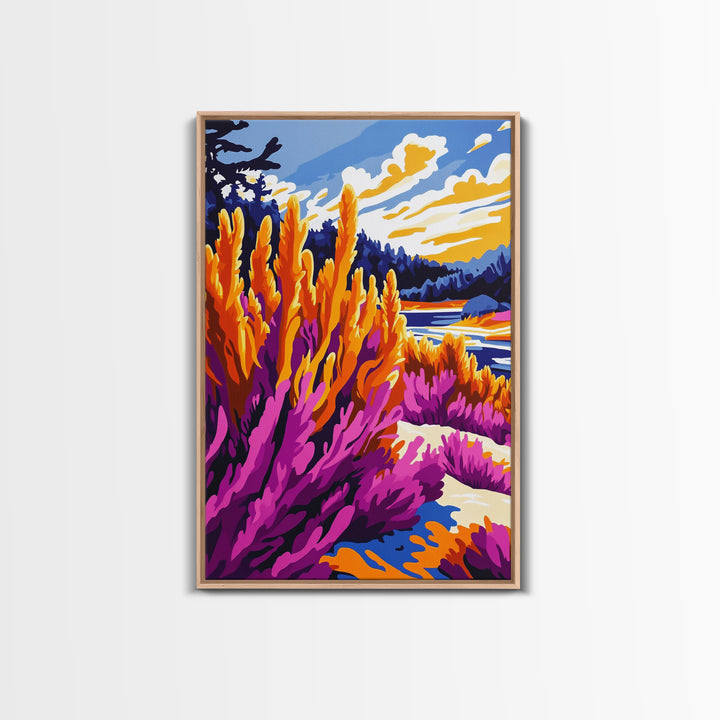 Mountain Wildflower Art, Scenic Landscape Print, Vibrant Nature Painting, Rustic Outdoor Decor, Framed Canvas Print, Boho Cabin Wall Art