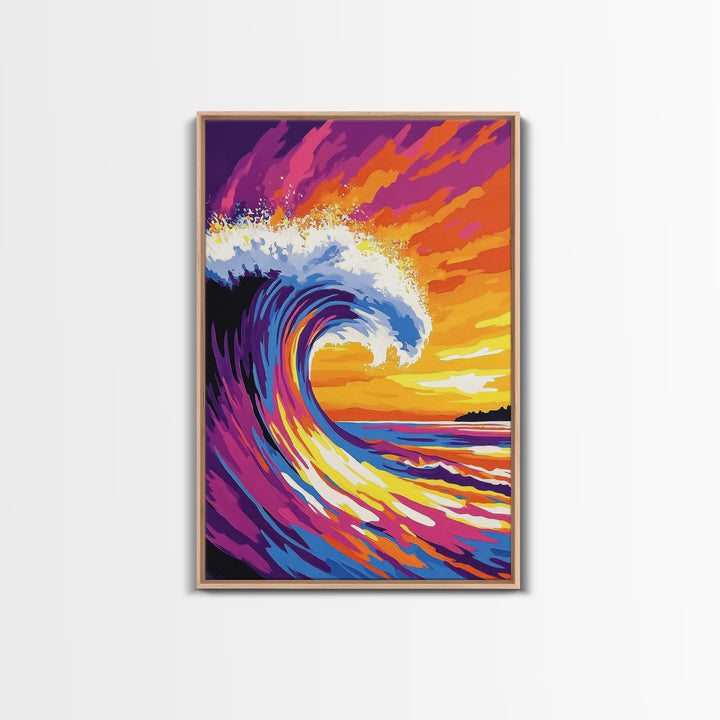 Ocean Wave, Splash, Power, Sunset, Framed Canvas Print, Coastal Decor, Surf Art, Beach House Wall Art, Nautical Theme, Vibrant Blue