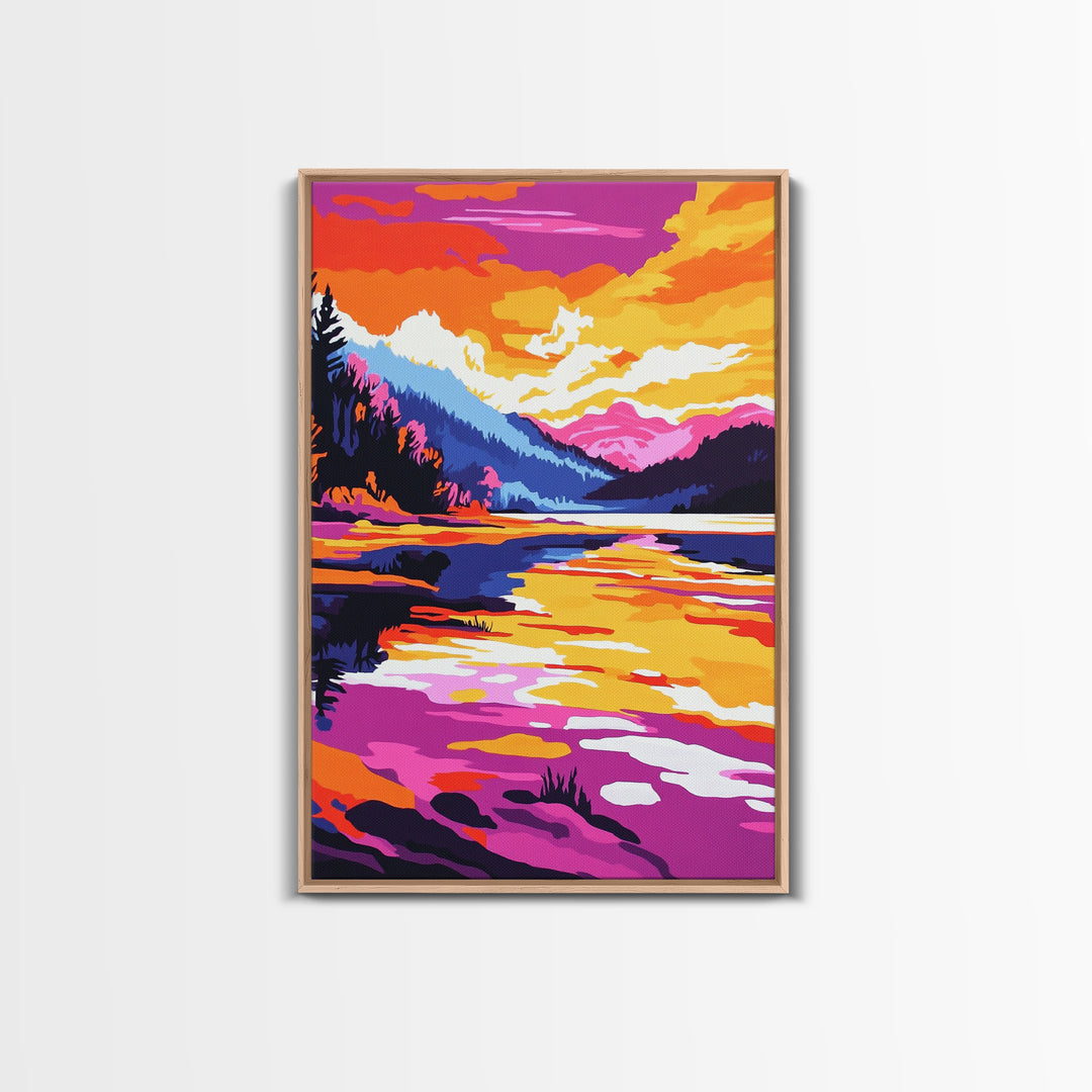 River Valley, Sunset Landscape, Colorful Art, Framed Canvas Print, Nature Wall Decor, Cozy Home Aesthetic, Warm Tones, Rustic Painting