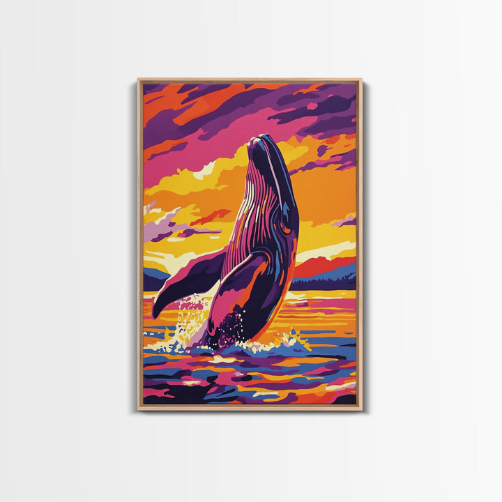 Breaching Whale, Ocean Wildlife Art, Nautical Home Decor, Coastal Sunset Art, Framed Canvas Print, Living Room Wall Art, Marine Painting