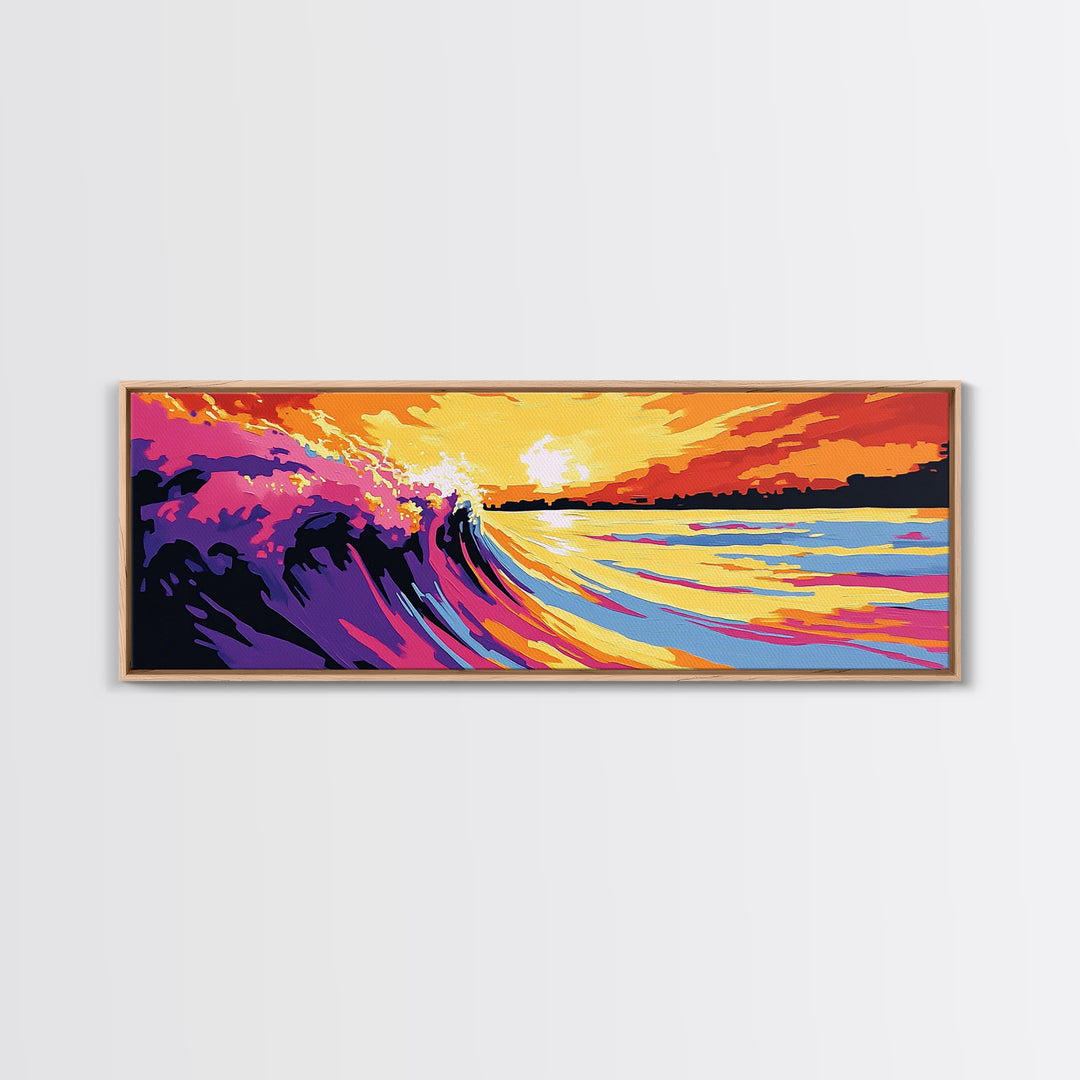 Ocean Wave, Sunset Surf, Coastal Seascape, Vibrant Beach Art, Framed Canvas Print, Surfing Wall Art, Nautical Decor, Beach House Artwork