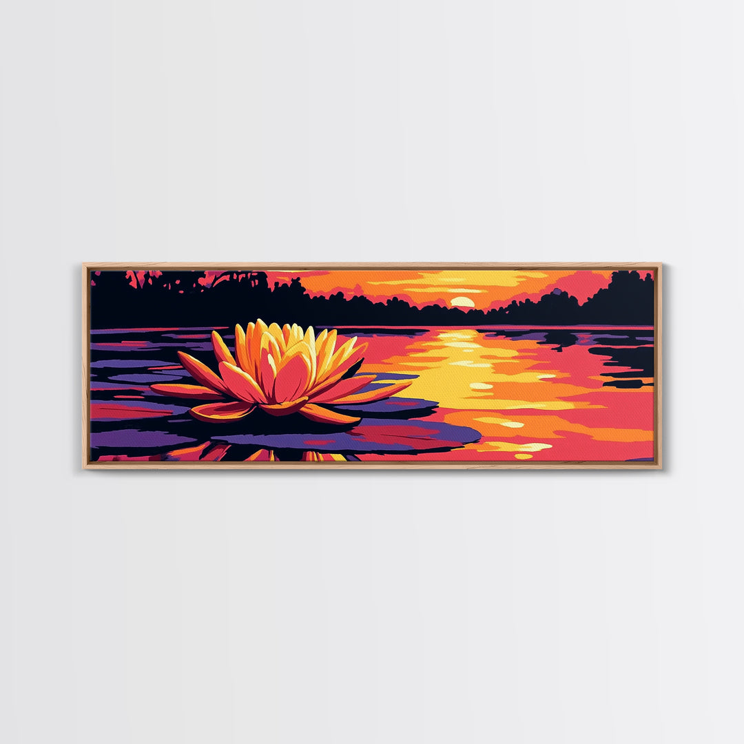 Water Lily, Tranquil Lake, Framed Canvas Print, Serene Nature Art, Zen Wall Decor, Sunset Reflection, Large Artwork, Bathroom Wall Art