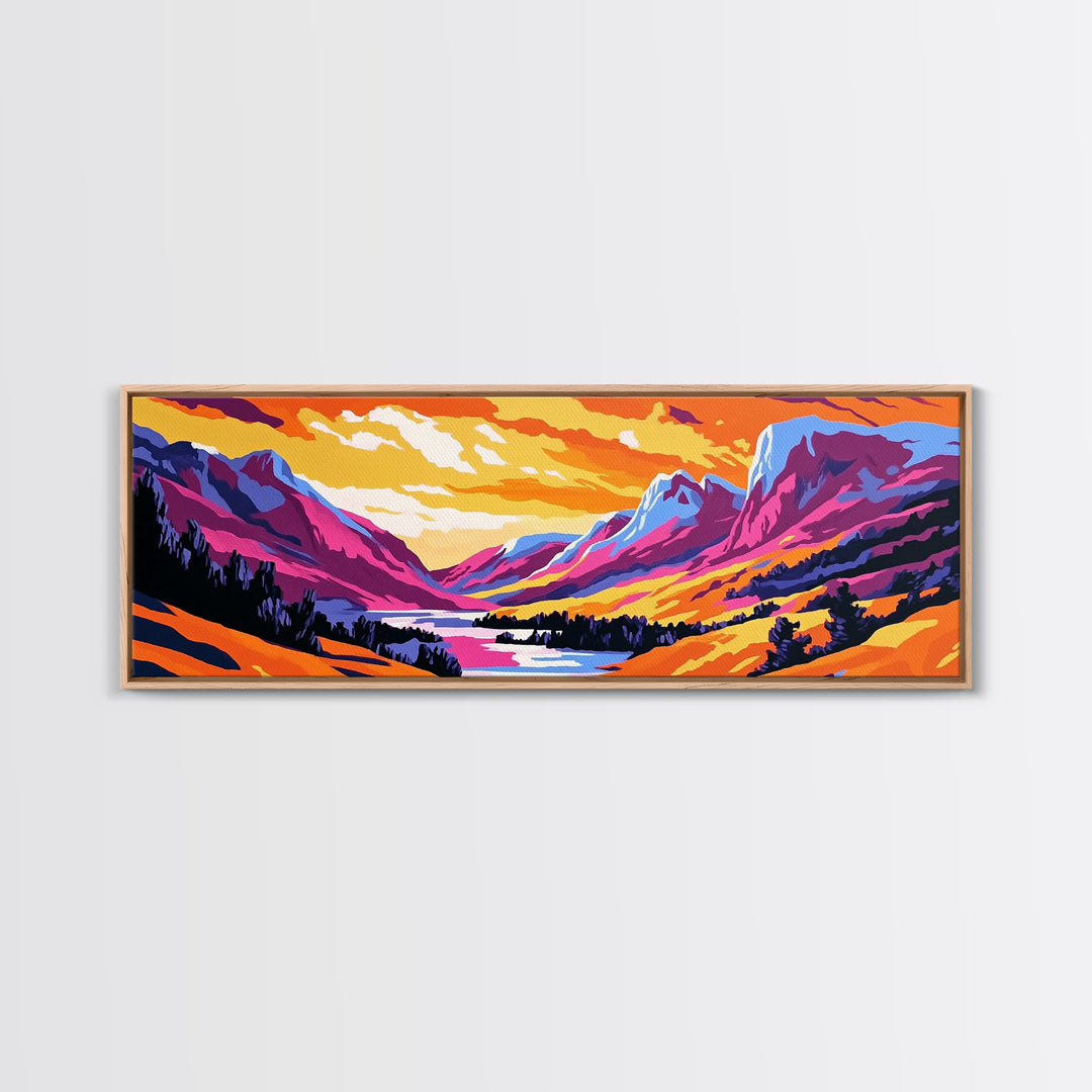 Sunset Valley, Majestic Peaks, Vibrant Nature, Framed Canvas Print, Outdoor Wall Art, Bohemian Landscape, Living Room Decor, Wanderlust
