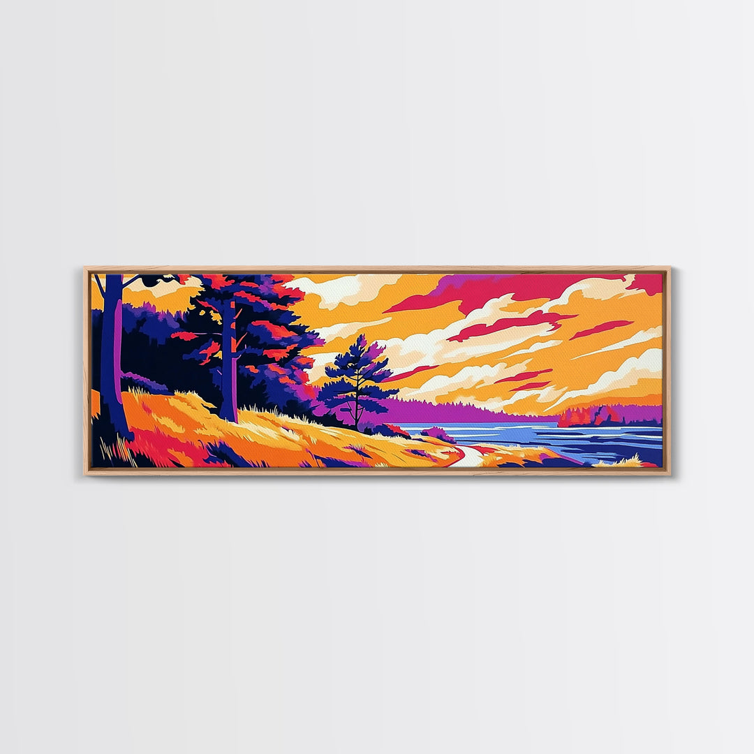 Pine Forest, Riverbank Glow, Scenic Sunset, Canvas Print, Rustic Nature Wall Art, Cabin Decor, Living Room Artwork, Tranquil Retreat