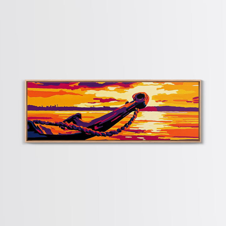 Nautical Anchor, Golden Sunset, Ocean View, Canvas Print, Coastal Home Decor, Vibrant Seascape, Beach Wall Art, Bold Nautical Art