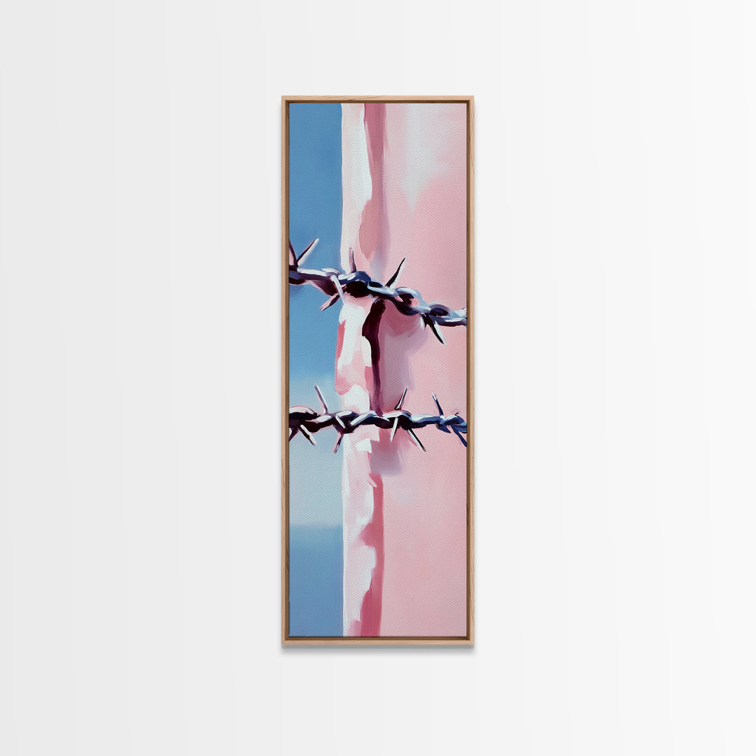 Barbed Wire Closeup, Modern Western, Pink and Blue Art, Framed Canvas Print, Minimalist Wall Art, Rustic Decor, Entryway Wall Art
