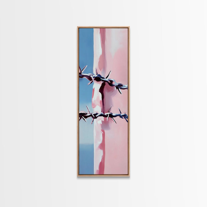Barbed Wire Closeup, Modern Western, Pink and Blue Art, Framed Canvas Print, Minimalist Wall Art, Rustic Decor, Entryway Wall Art