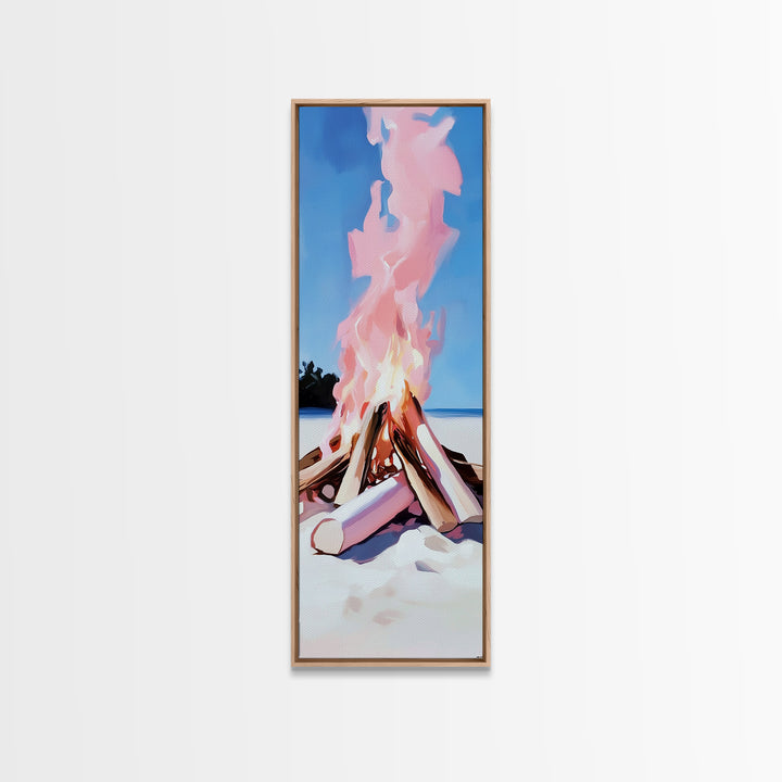 Bonfire Glow, Beach Campfire, Pink Flame Art, Framed Canvas Print, Coastal Decor, Warm Aesthetic, Living Room or Bedroom Wall Art