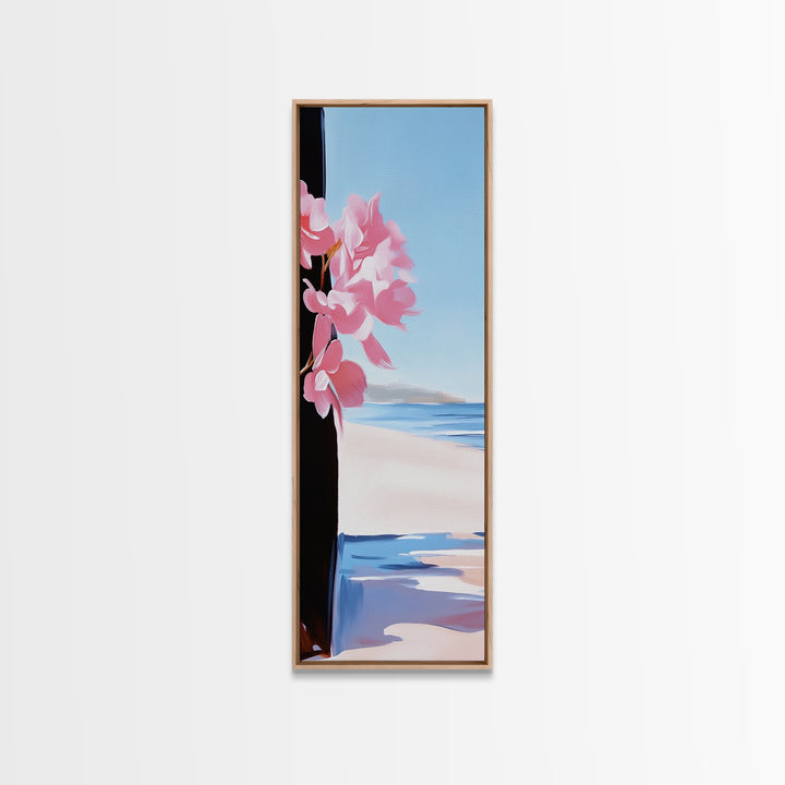 Blossom Beach, Floral Coastal Art, Pink and Blue Decor, Modern Seascape, Romantic Spring Aesthetic, Dreamy Nature Scene, Canvas Print