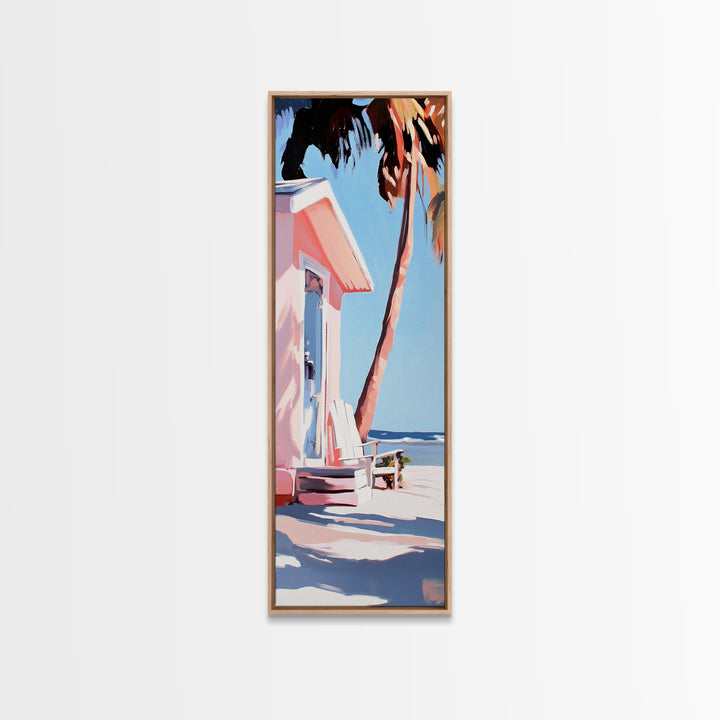 Pink Beach House, Coastal Retreat, Palm Tree Art, Framed Canvas Print, Tropical Decor, Modern Minimalist, Vacation Vibes, Wall Art