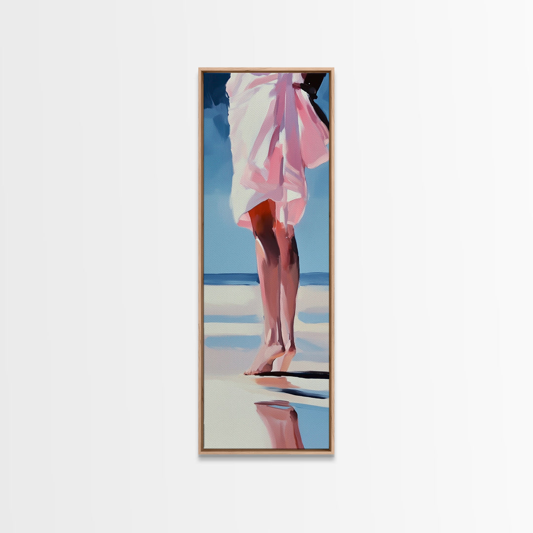 Barefoot Beach Walk, Pink Dress, Coastal Elegance, Framed Canvas Print, Summer Art, Bedroom or Entryway Decor, Relaxing Aesthetic