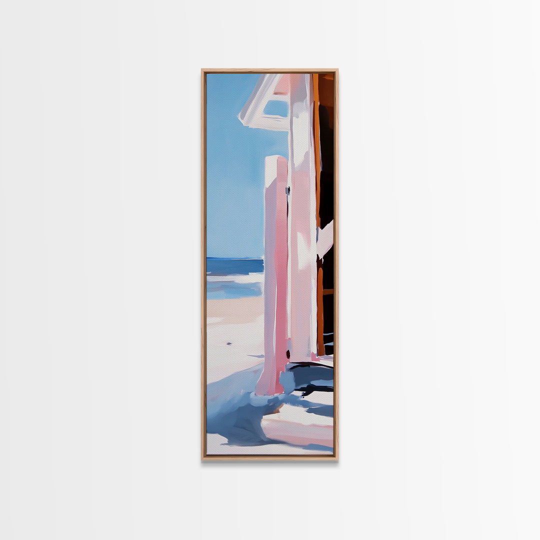 Beach Hut, Coastal Art, Ocean Wall Art, Seaside Retreat, Nautical Painting, Minimalist Beach Decor, Framed Canvas Print