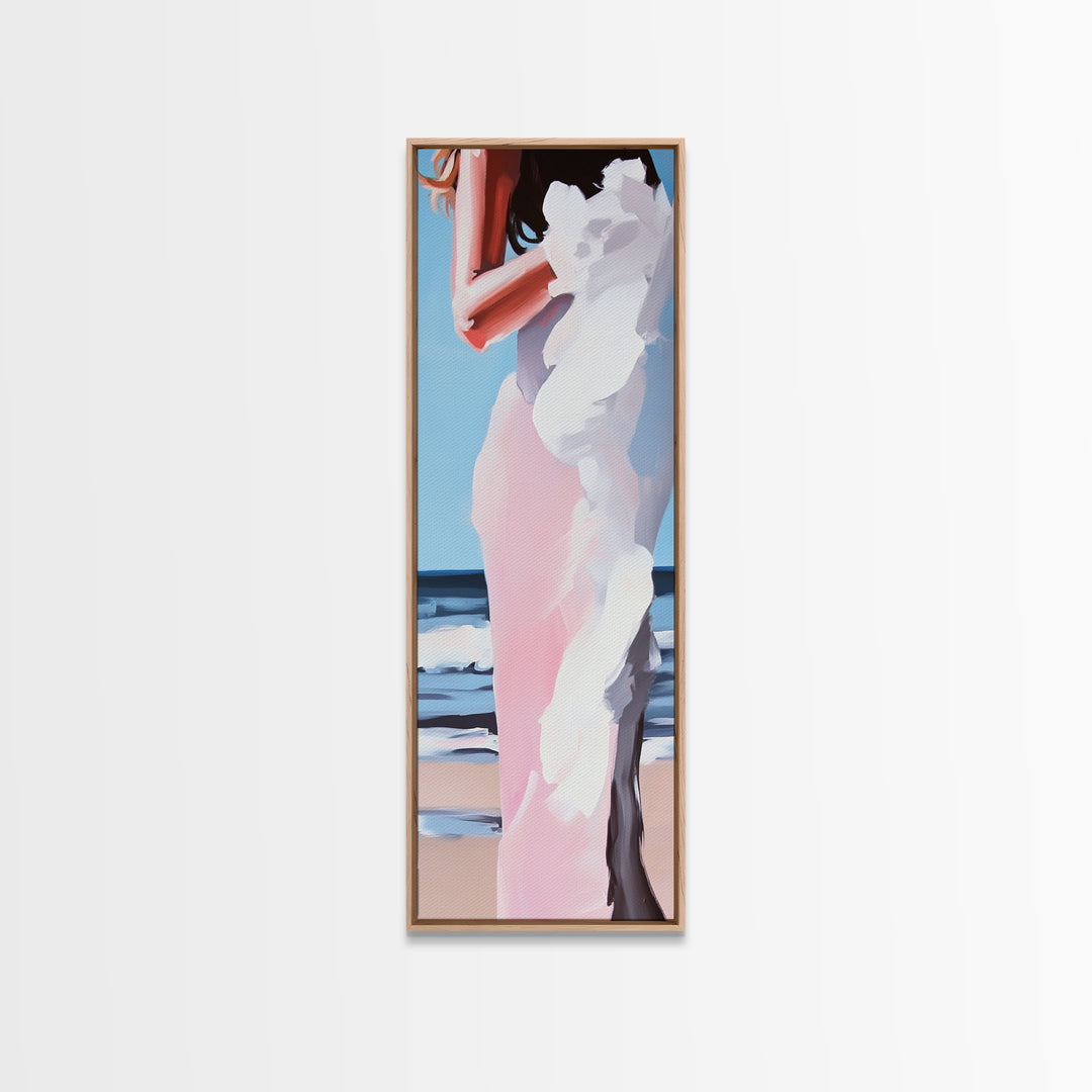 Beach Bride, Ocean Fashion, Elegant Woman, Framed Canvas Print, Coastal Wall Art, Soft Feminine Aesthetic, Living Room Wall Art