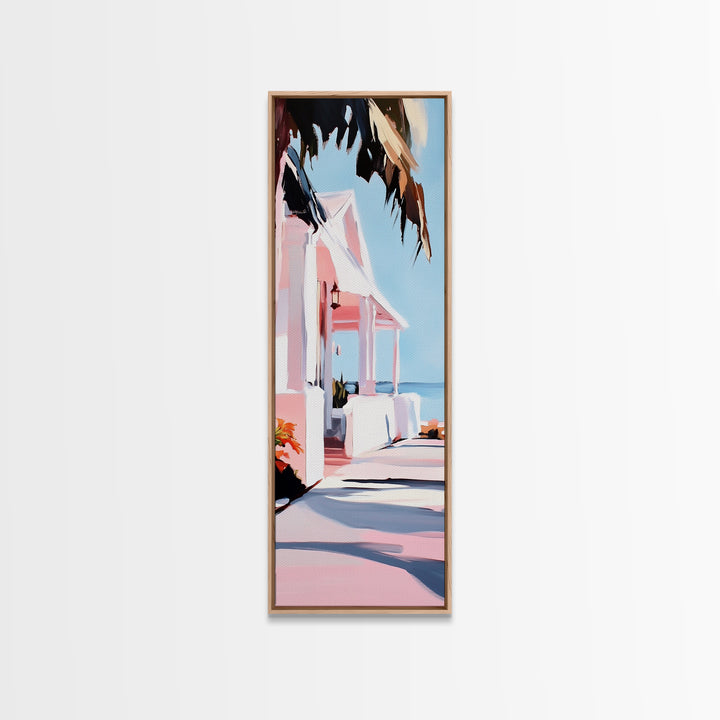 Beach House, Oceanfront Living, Coastal Home, Framed Canvas Print, Tropical Wall Art, Soft Pastel Aesthetic, Living Room Wall Art