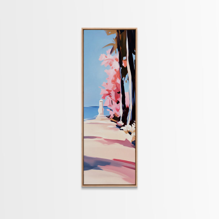 Coastal Walk, Pink Blossom, Vibrant Tree Art, Canvas Print, Beach Pathway, Spring Landscape, Serene Wall Art, Living Room Decor