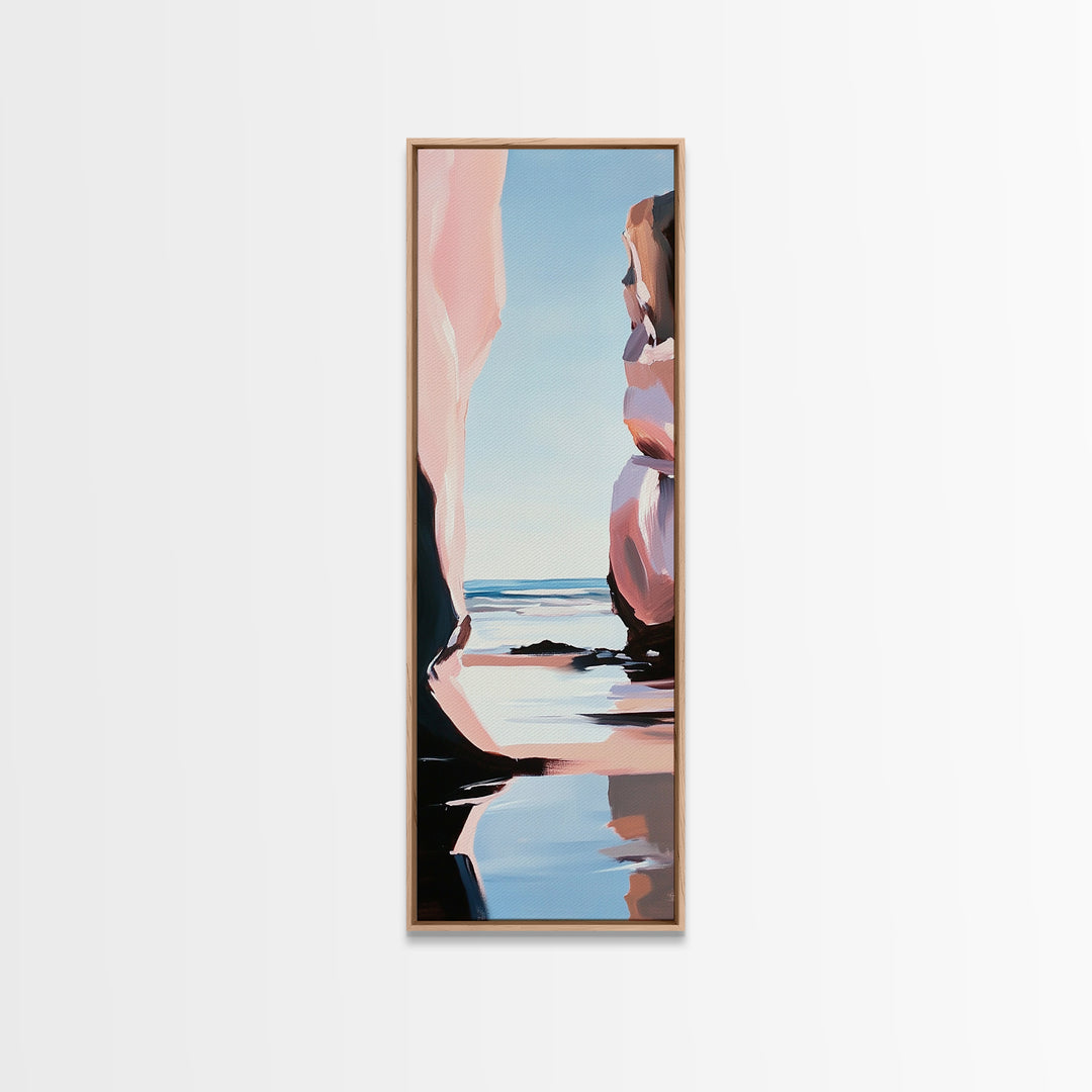 Coastal Rock, Ocean Reflections, Framed Canvas Print, Seaside Cliff Art, Beach House Decor, Minimalist Seascape, Relaxing Wall Art