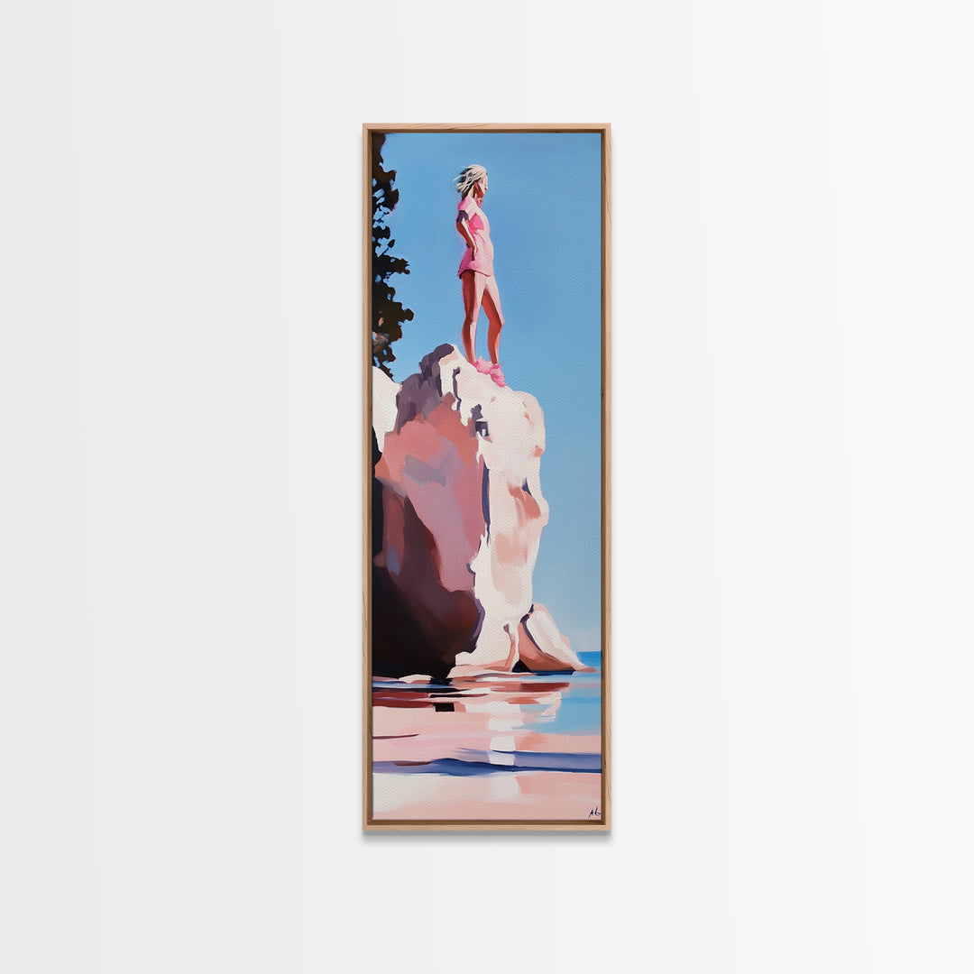 Coastal Adventure, Pink and Blue Art, Minimalist Beach Scene, Modern Landscape, Travel Inspiration, Contemporary Framed Canvas Print