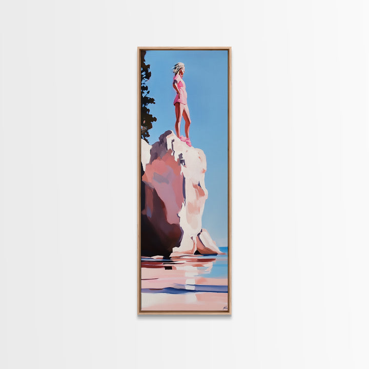 Coastal Adventure, Pink and Blue Art, Minimalist Beach Scene, Modern Landscape, Travel Inspiration, Contemporary Framed Canvas Print