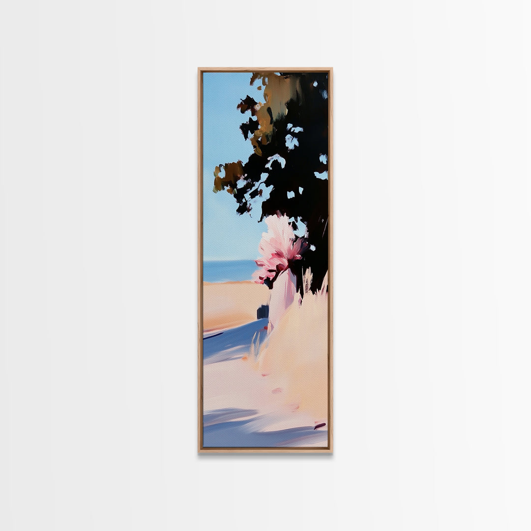 Coastal Serenity, Sunlit Landscape Art, Beachside Tranquility, Nature Inspired, Peaceful Horizon, Warm Aesthetic, Living Room Canvas Print