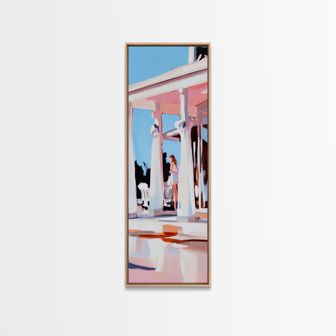 Coastal Columns, Summer Escape, Warm Pastels, Architecture Art, Framed Canvas Print, Living Room Wall Art, Modern Decor, Beach House Style